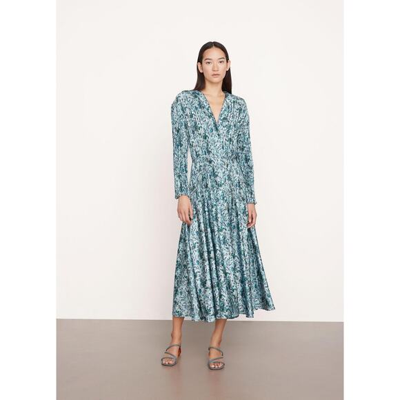Vince Size Small Green Berry Blooms Pleated Midi Shirt Dress Long Sleeve OS37-1